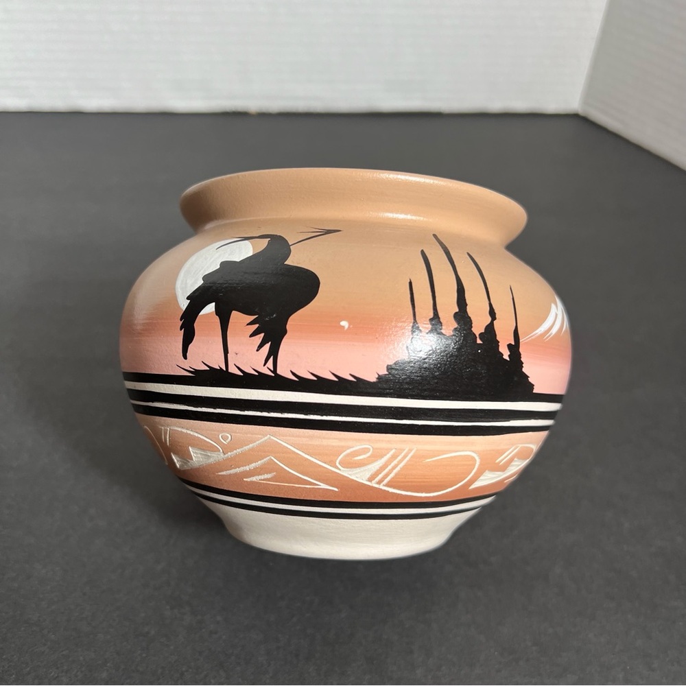Vintage Navajo Pottery Southwestern Sunset Native American Etched Signed Vase